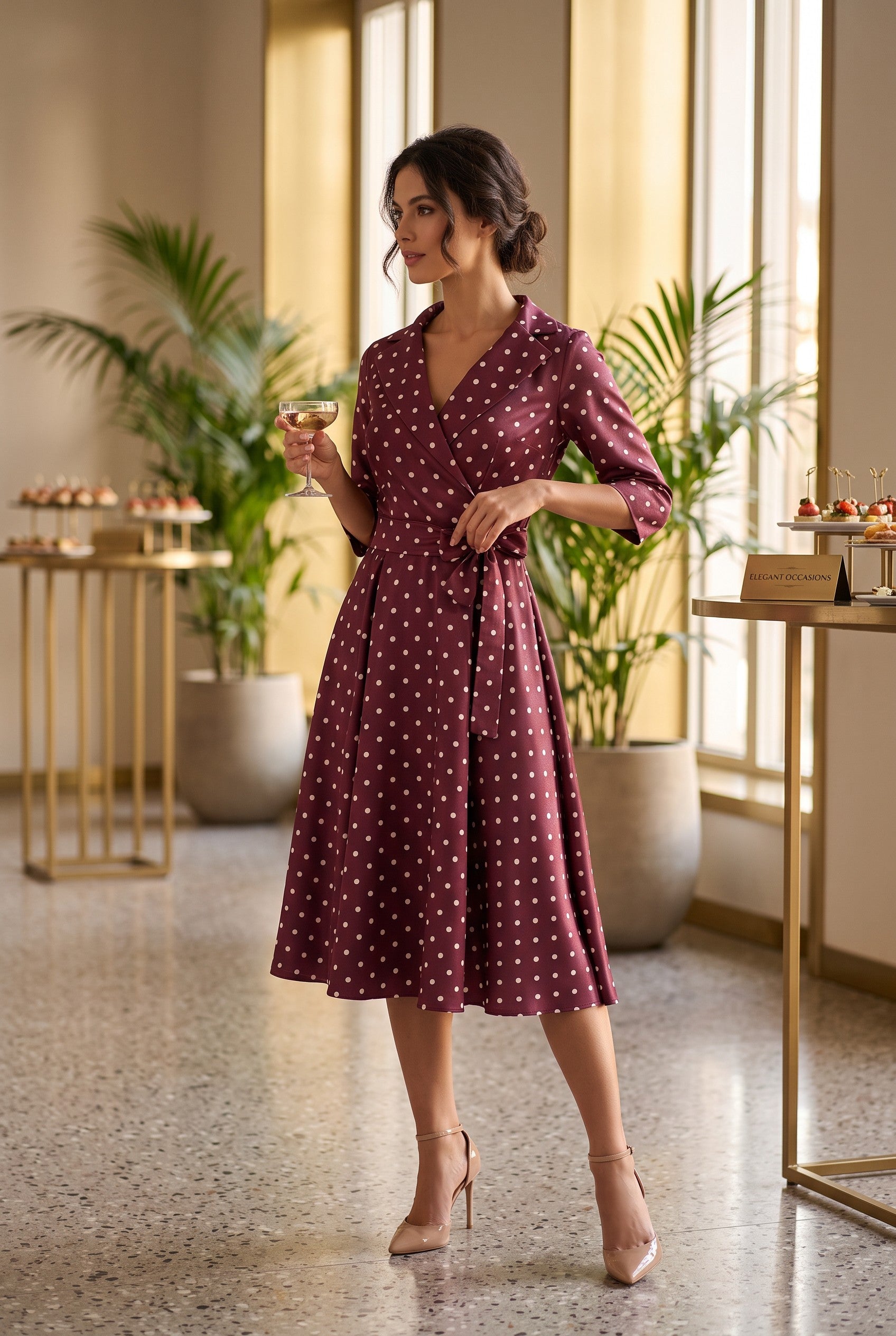 Rochie Midi Pois Bordeaux Elegance