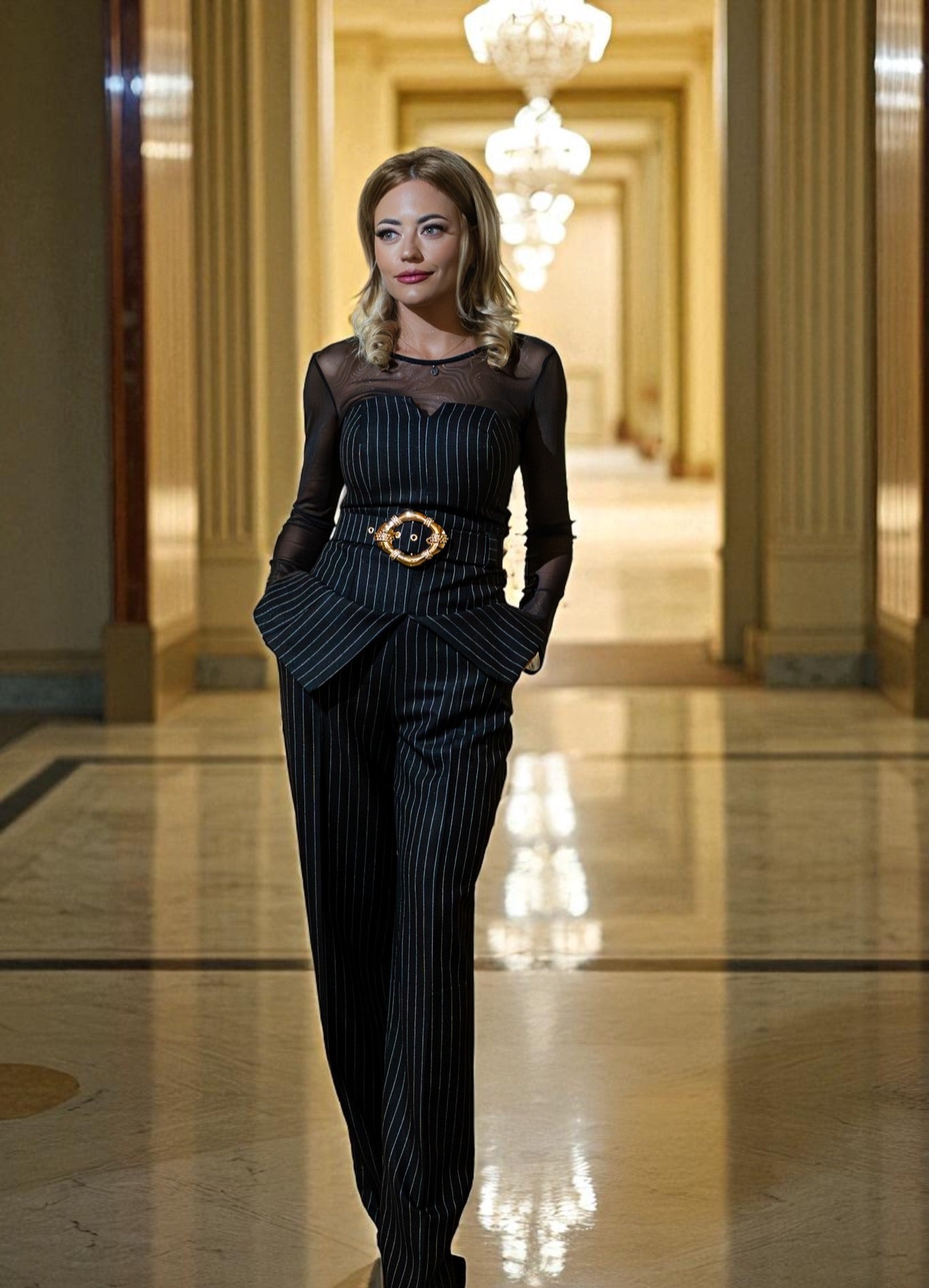 Compleu damă 3 piese: pantaloni, corset și bluză de plasă